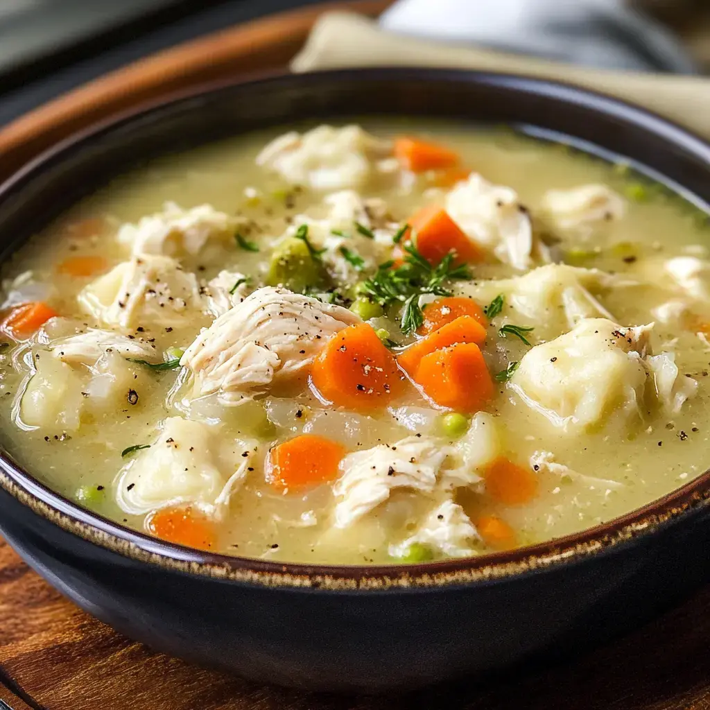 Steaming bowl of chicken dumpling soup loaded with carrots, peas, tender chicken bits, and cloud-like dumplings floating in golden broth.