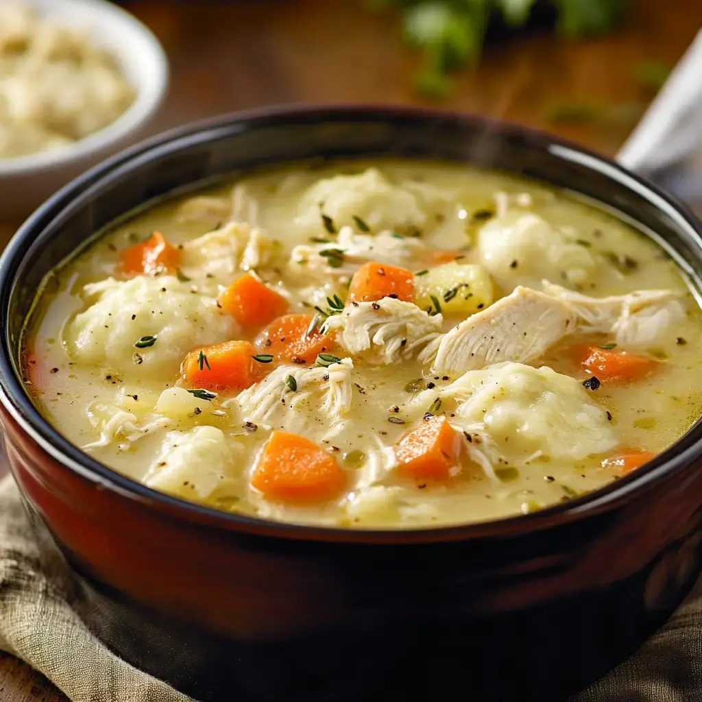 Hot chicken dumpling soup brimming with carrot chunks, shredded chicken, and fluffy dumplings, topped with fresh herbs.