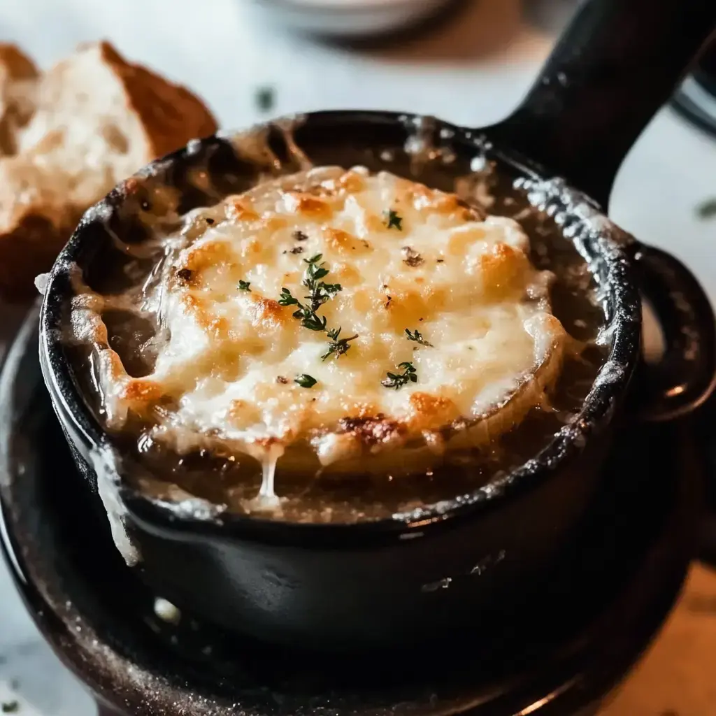 French onion soup topped with gooey cheese and thyme, with a crusty bread slice next to it.