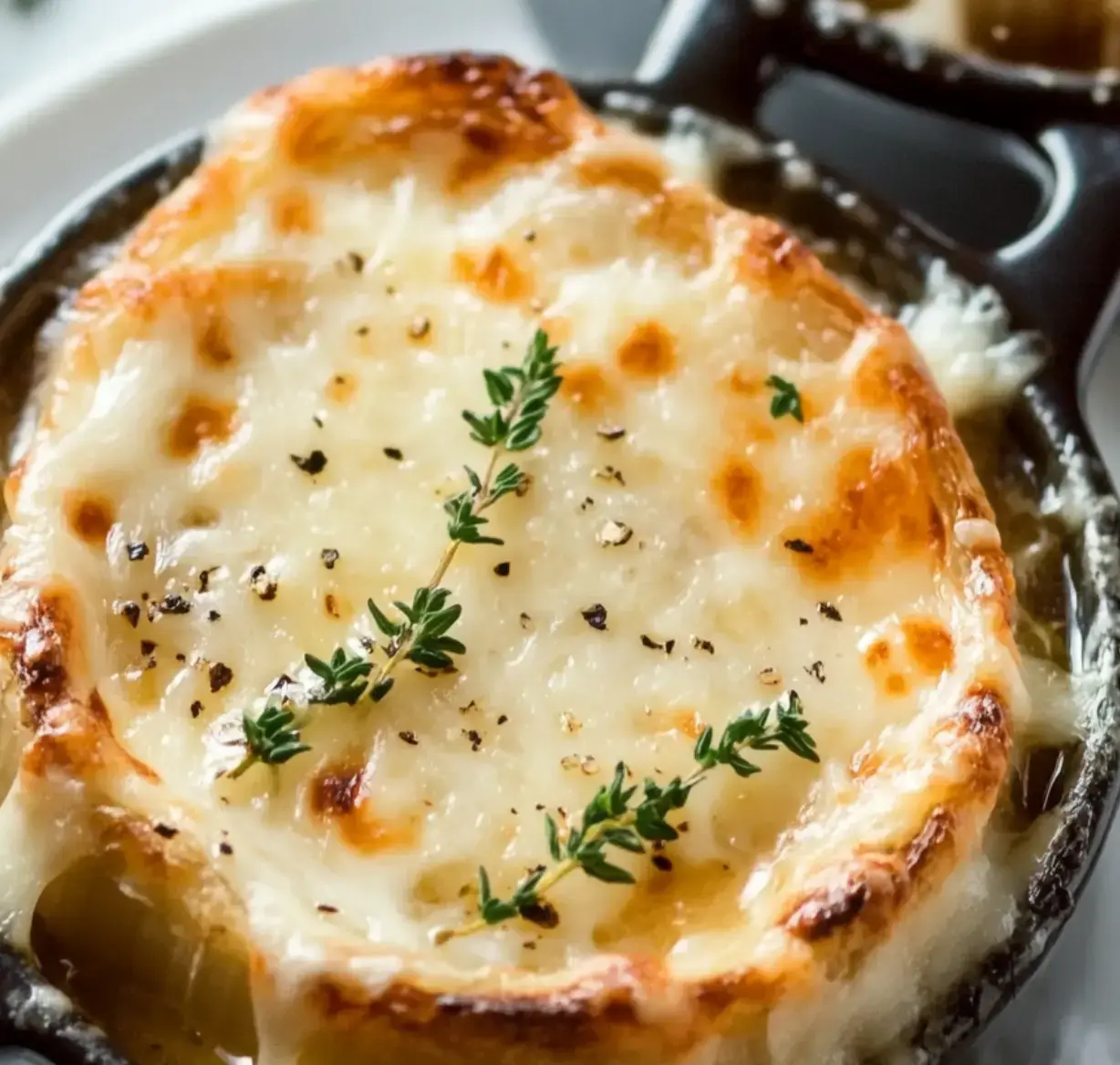 Cheesy, golden French onion soup with thyme and black pepper, served in a mini cast iron skillet.
