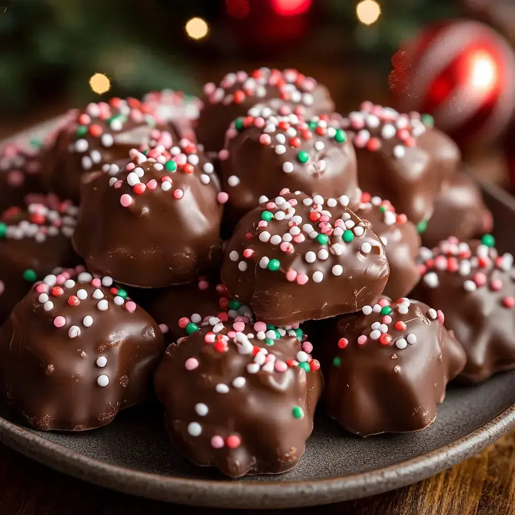 Chocolate goodies piled high, dusted with festive colored sprinkles.