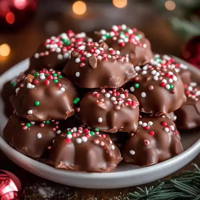 Festive chocolate clusters covered in cheery red, white, and green sprinkles on a plate.