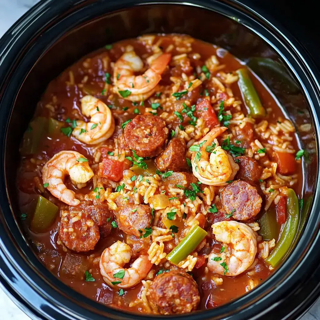 Savory shrimp and sausage with rice and herbs, close up in a black slow cooker.