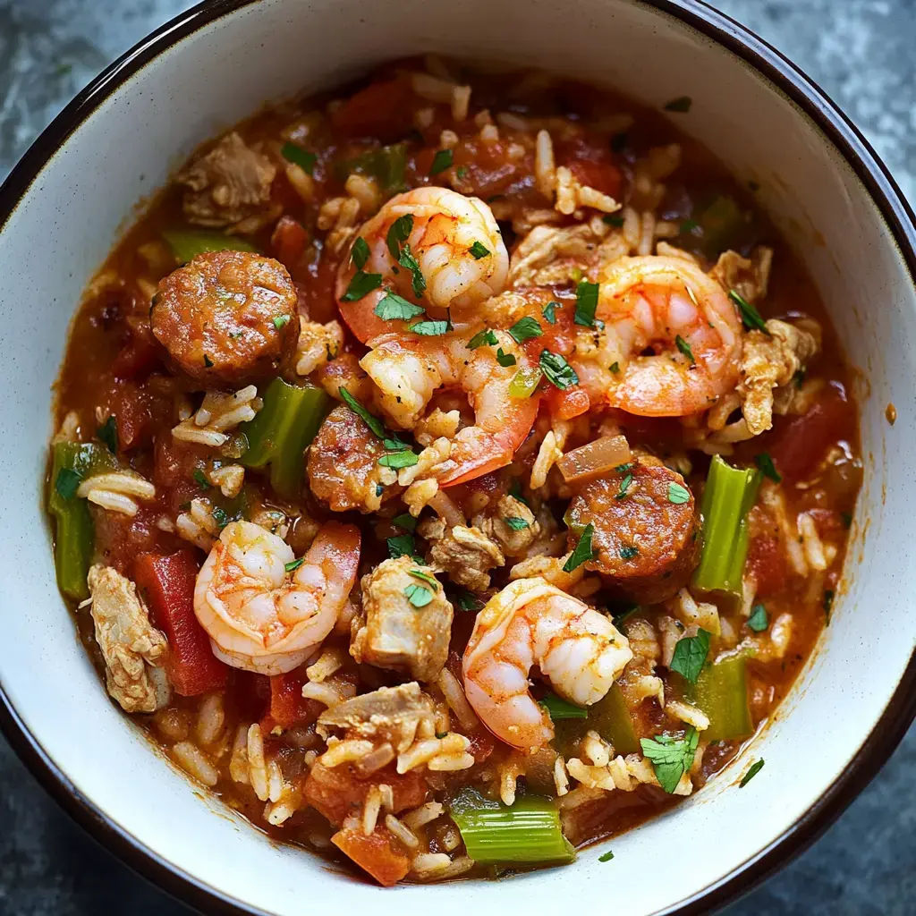 Jambalaya with shrimp, sausage, rice, tomatoes, celery, and parsley in a bowl.