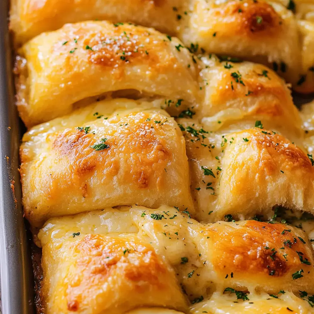 Toasty golden cheese-stuffed rolls topped with parsley in a baking pan.
