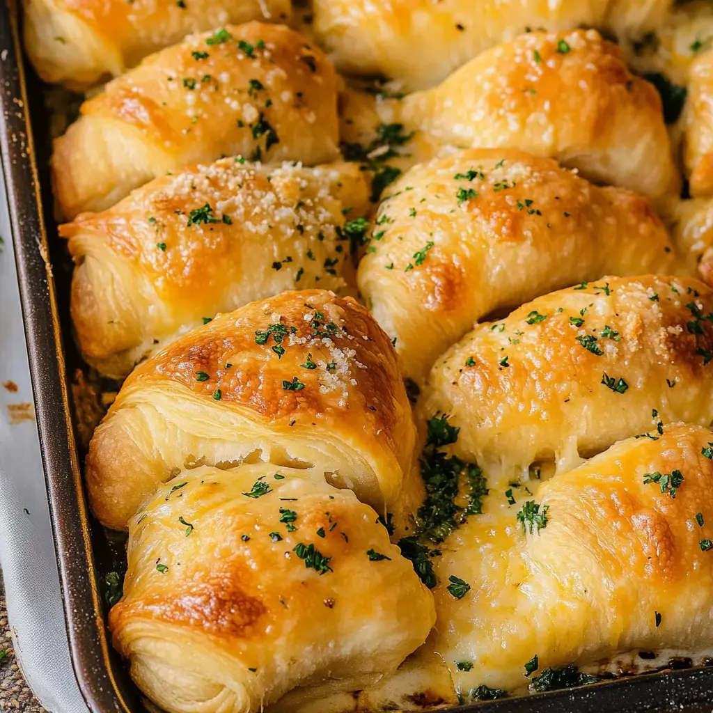 Close-up of flaky, cheesy pastries with parsley on top in a dish.