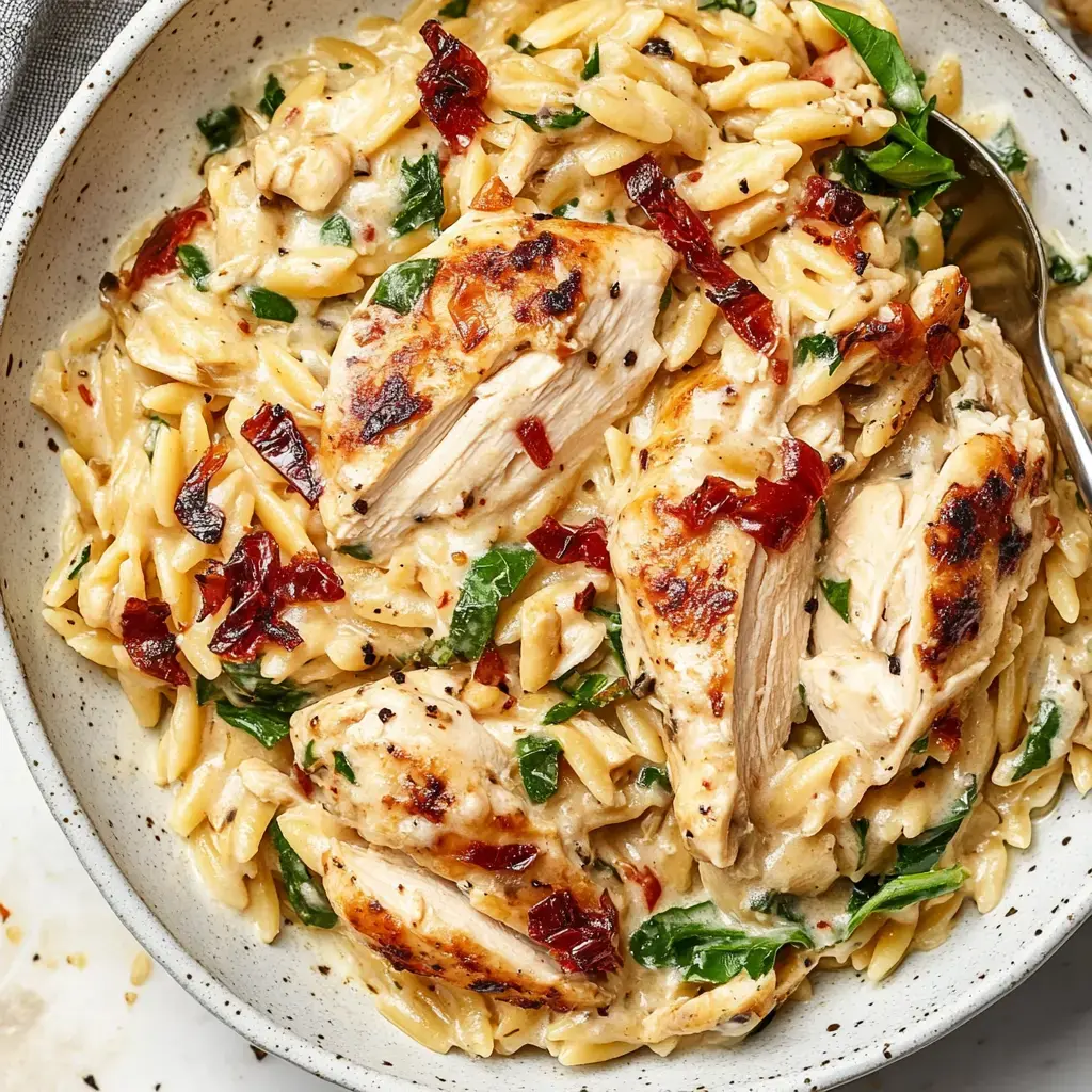 Pasta bowl brimming with creamy orzo, grilled chicken, crisp spinach, and tangy tomatoes.