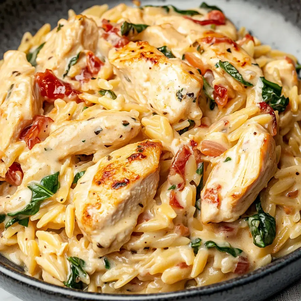 Creamy pasta loaded with grilled chicken strips, sun-dried tomatoes, and fresh spinach.