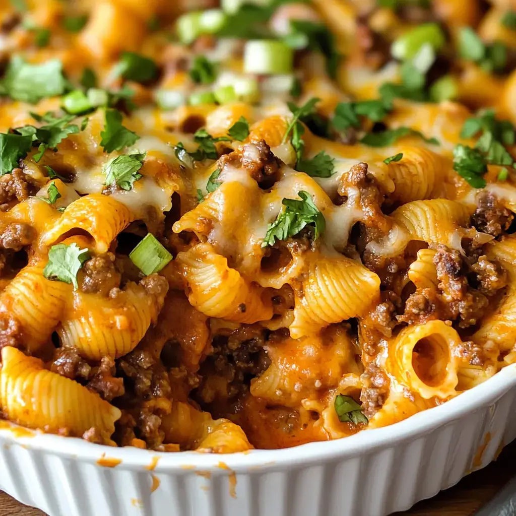 Close view of baked noodles with ground meat, melty cheese, bright green onions, and cilantro on top.