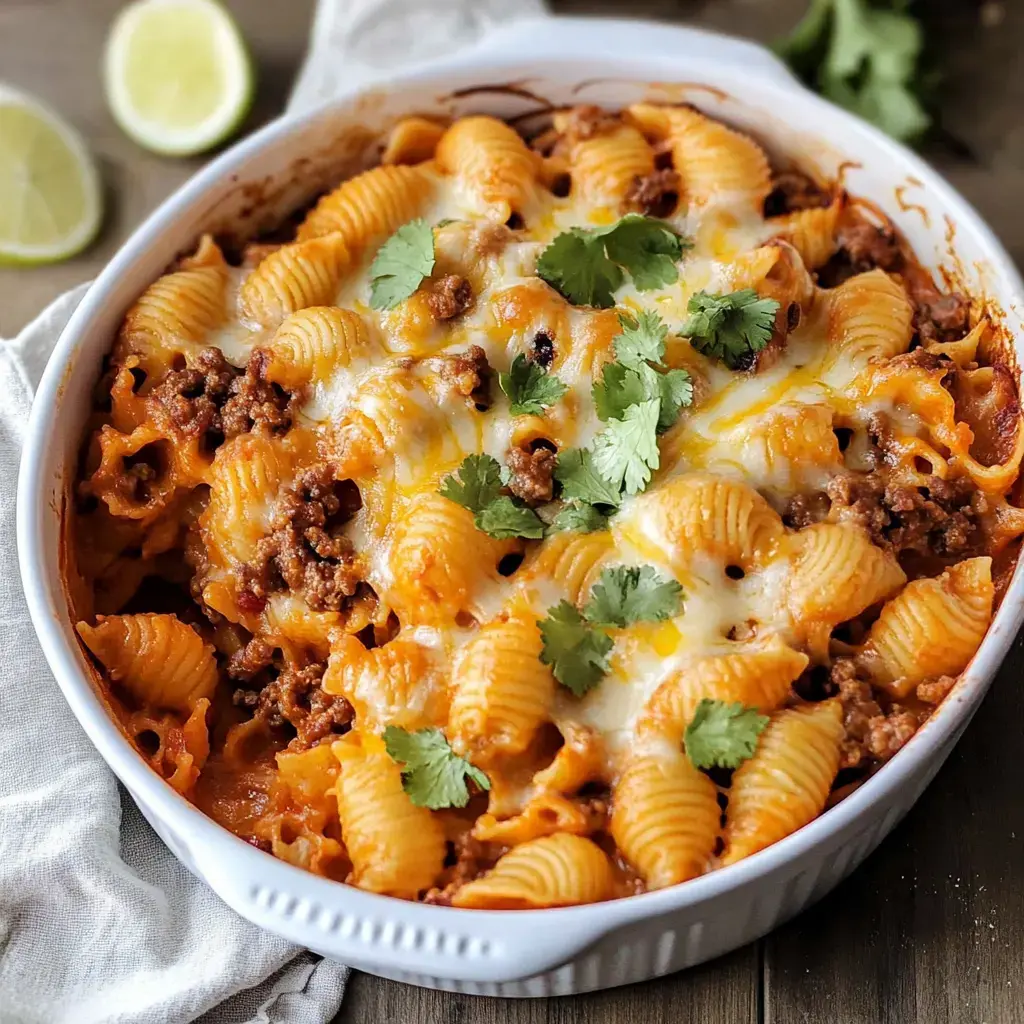 Shell pasta casserole with beef and bubbling cheese, finished with lots of fresh cilantro in a white baking dish.