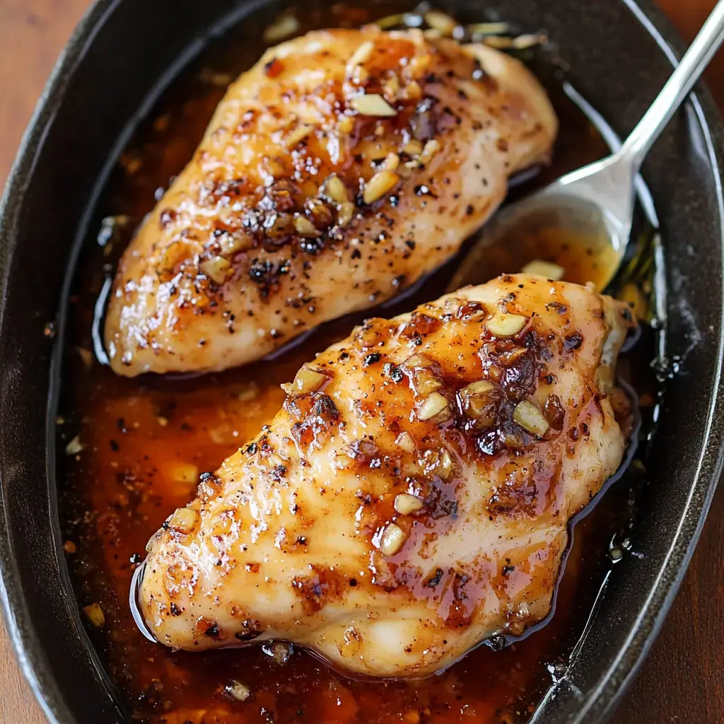 Two chicken breasts glazed with sweet garlic sauce, topped with minced garlic and cracked pepper, rest in a dark tray with extra sauce.