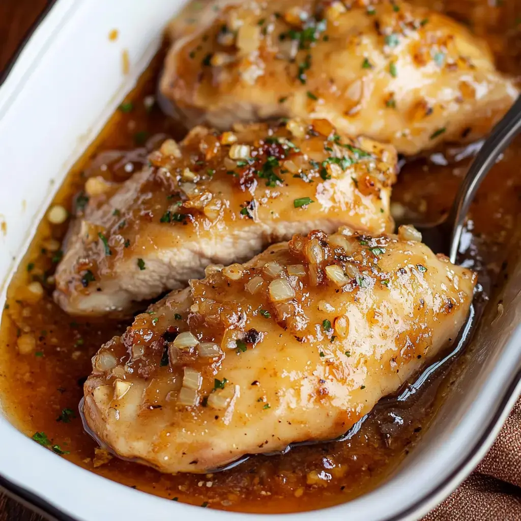 Three juicy chicken breasts, drenched in a shiny sauce, sprinkled with chopped onion and fresh herbs, piled in a white serving bowl.