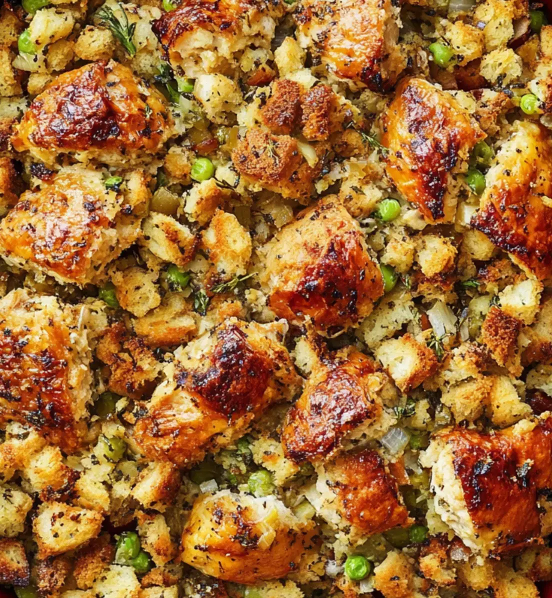Golden-brown toasted bread cubes mixed with herbs and peas, close up.