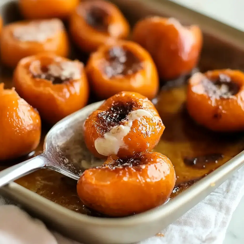A spoon holding a peach with a creamy inside, surrounded by baked, caramelized peach halves on a tray.