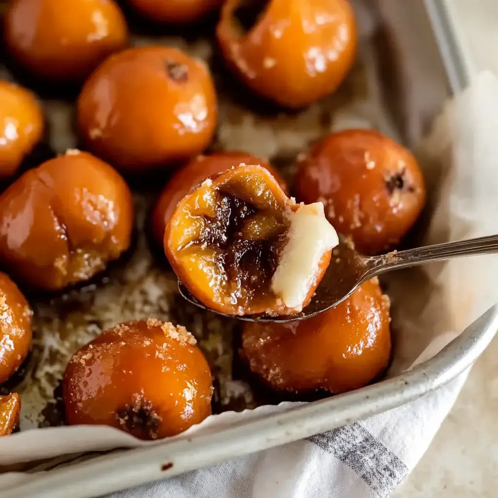 A tray of sweet baked fruit, one raised on a spoon to show a gooey inside.