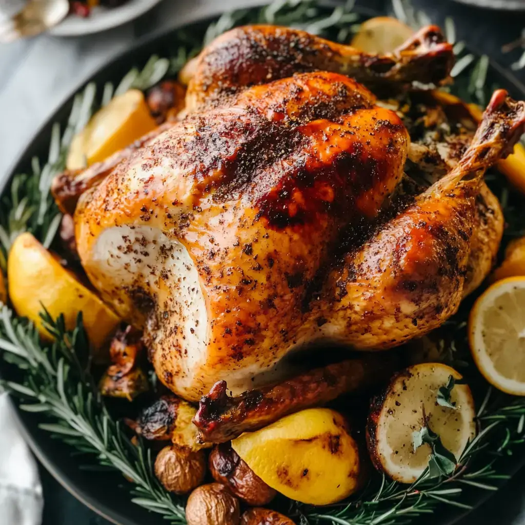 A gorgeous roasted chicken sits on a black platter with roasted potatoes, lemon wedges, and sprigs of herbs all around.
