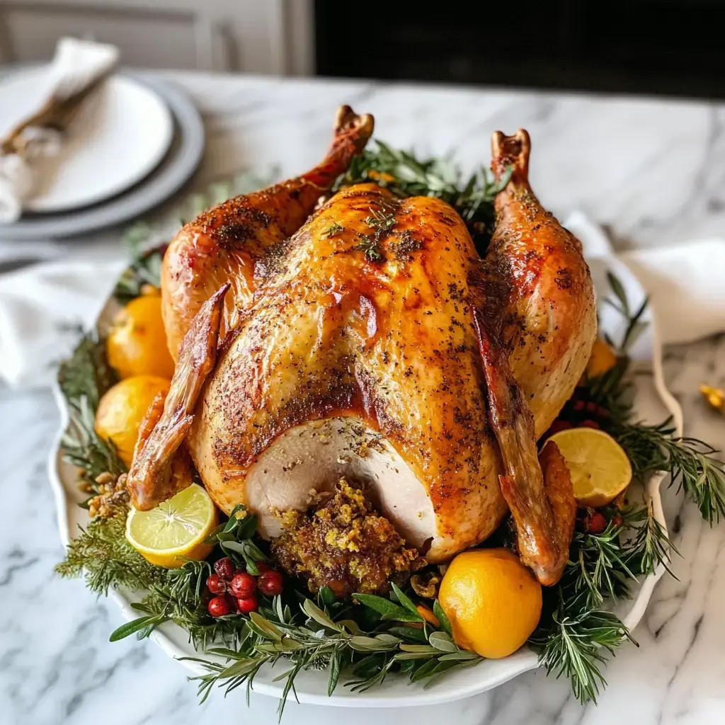 A stunning roasted turkey, decked with citrus and fresh herbs, rests on a white serving plate.