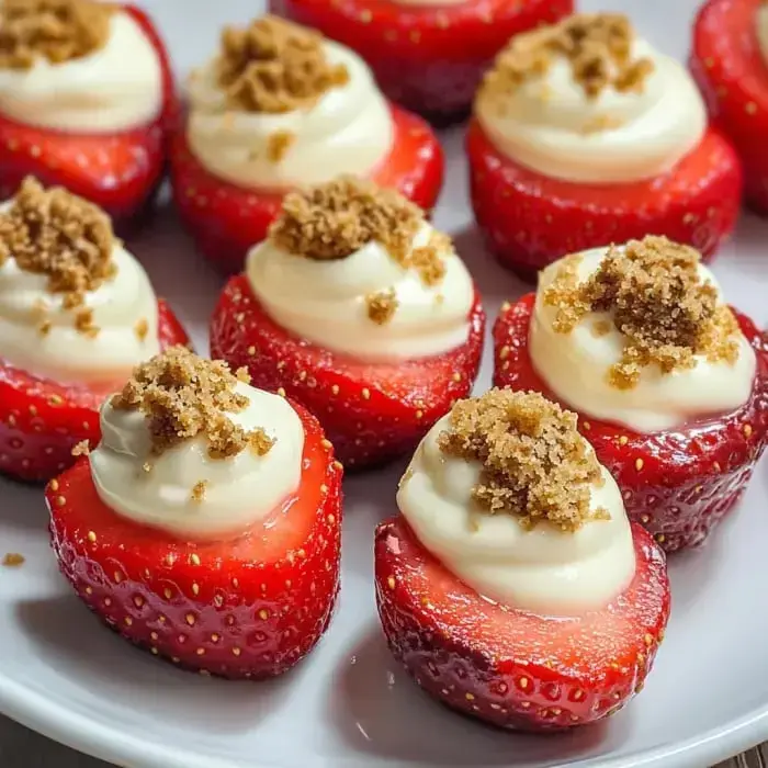 Halved strawberries on a plate, cream inside, topped with brown sugar crumble.