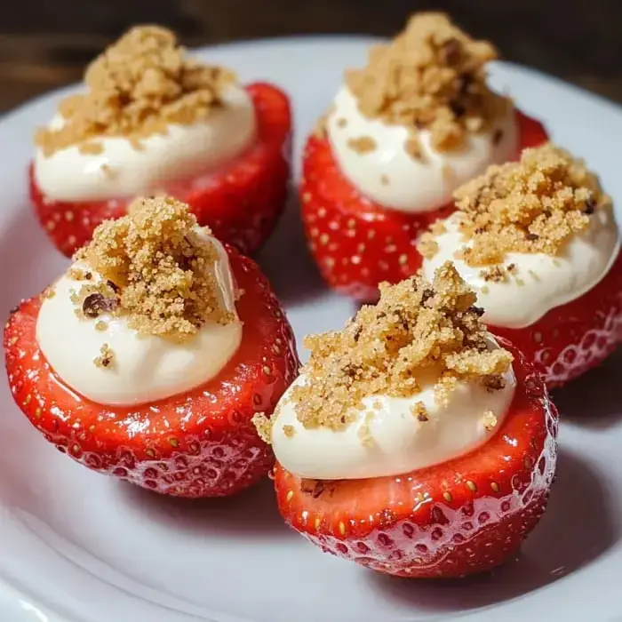 Halved strawberries on a plate with cream inside, dusted with brown sugar.