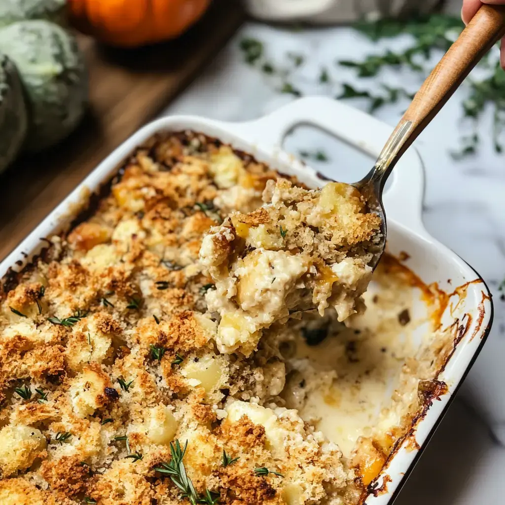 A bubbly, golden casserole with a creamy center and crunchy topping being spooned out, with herbs and pumpkins nearby for decoration.