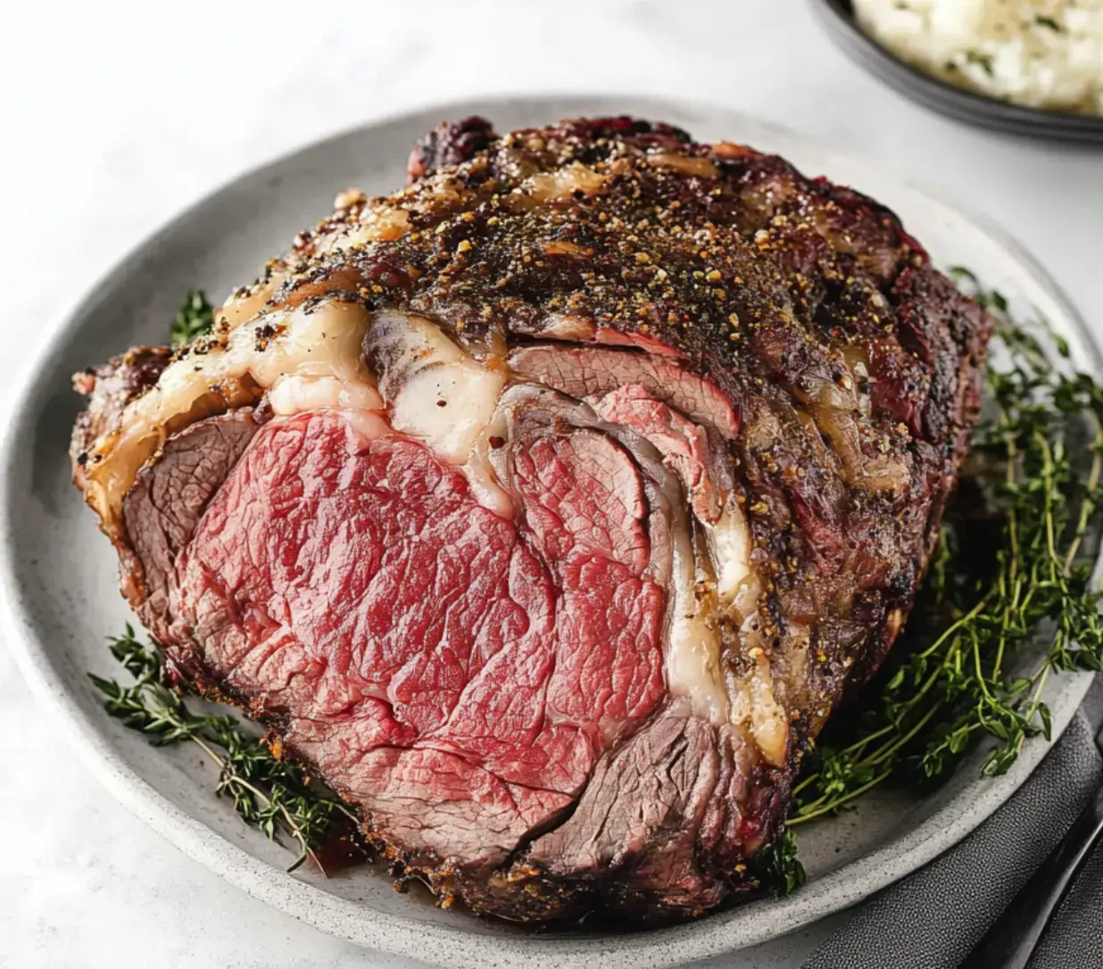 A juicy rib roast with sprigs of fresh thyme on a stone-gray plate.