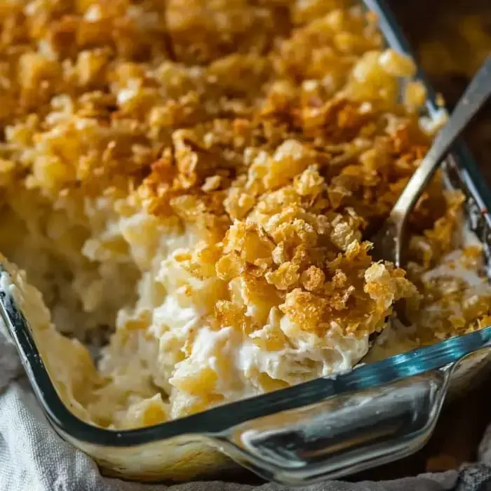 A dish of creamy potatoes snuggled under golden, crunchy cornflakes and a serving spoon ready to dig in.