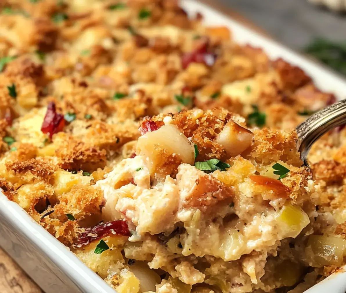 Spoonful of warm, creamy casserole topped with crisp breadcrumbs, dotted with veggies and fresh herbs for color.