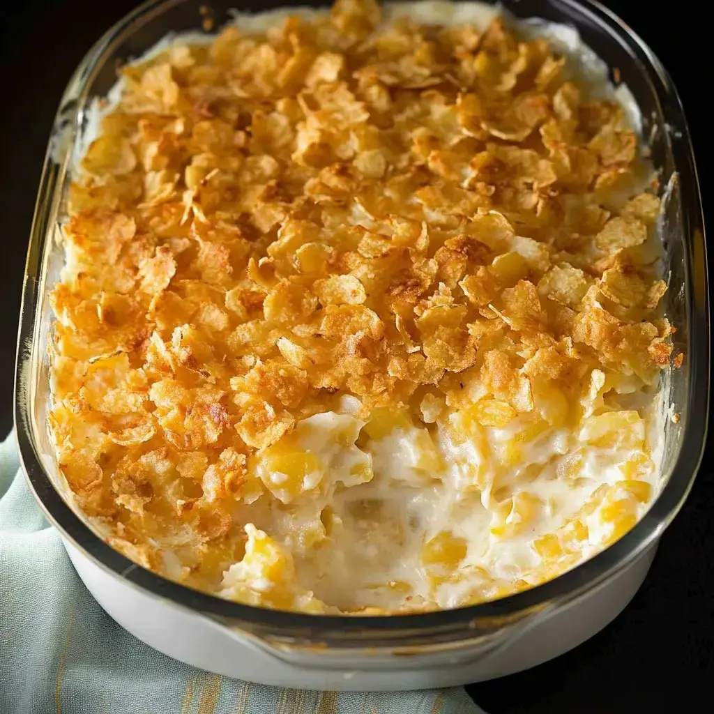 A creamy casserole baked under golden cornflakes, one scoop revealing the cheesy goodness inside.