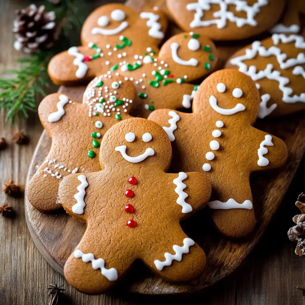 A wooden platter loaded with gingerbread cookies, each beautifully decorated with colored icing.