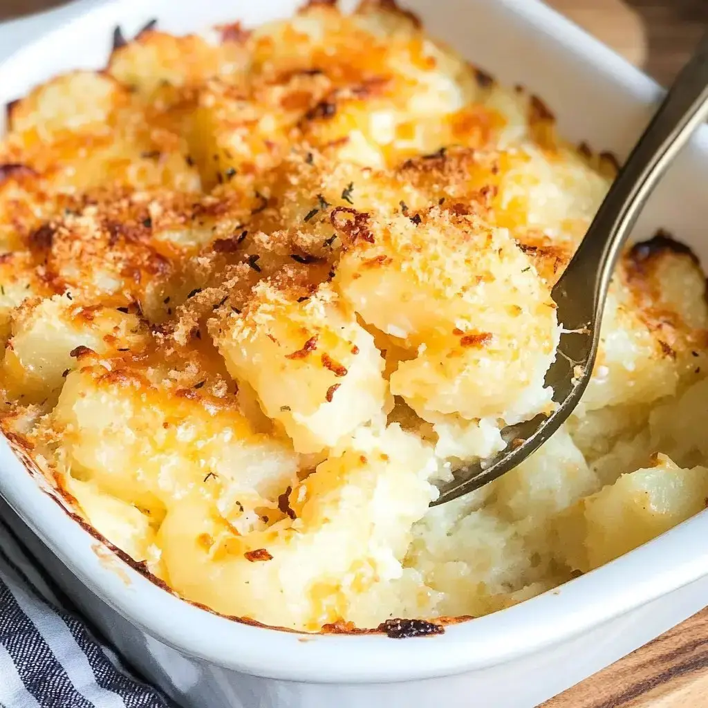 A close-up of a cheesy, creamy baked casserole with a crispy golden top in a white baking pan.