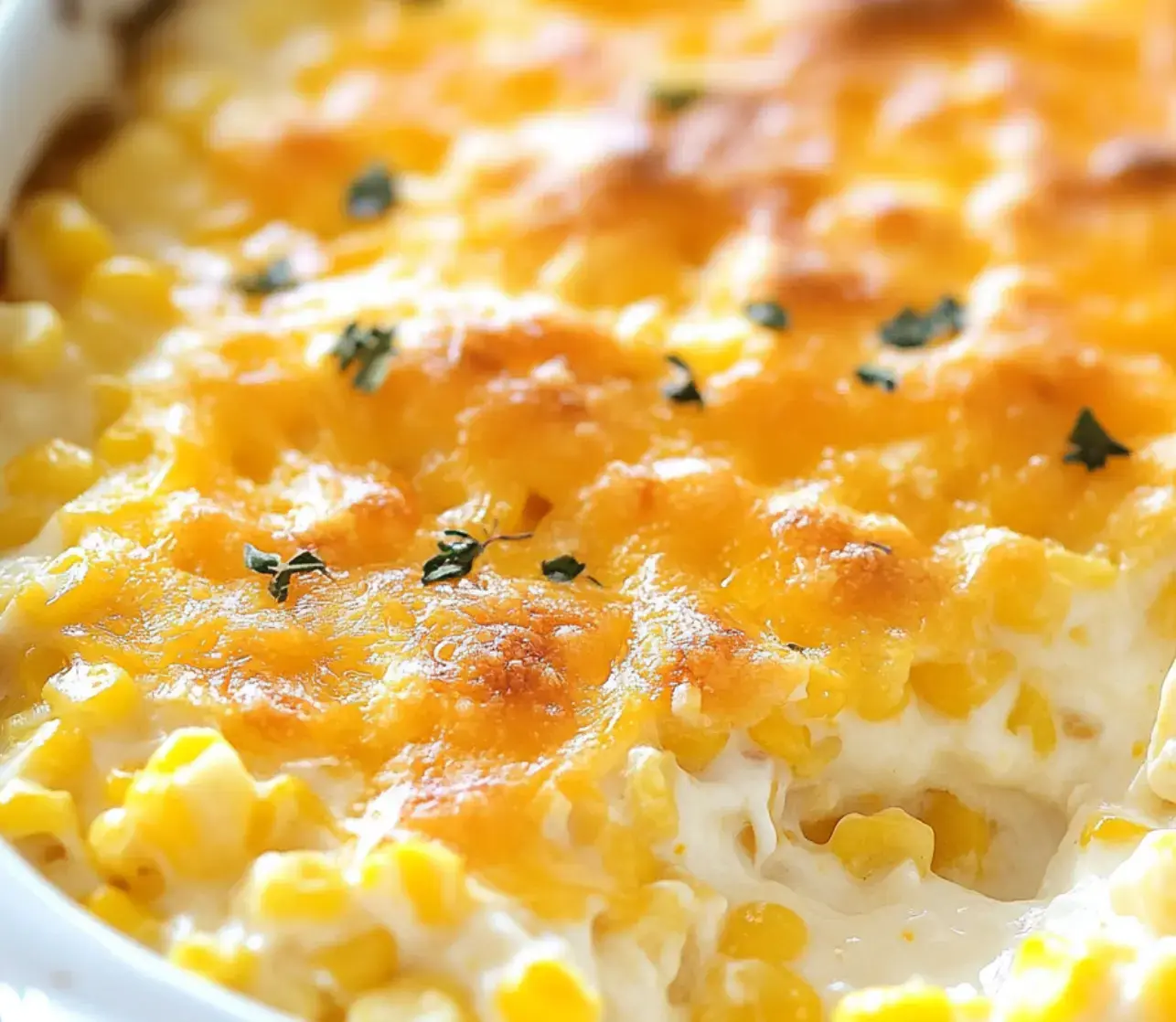 Bubbly corn casserole covered with melted cheese and a sprinkle of fresh herbs.