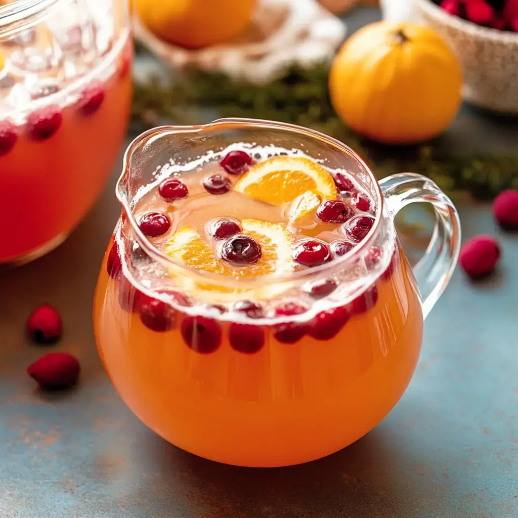 Orange and cranberry punch in a clear pitcher, decked out with orange and cranberry slices, surrounded by cute fall decor and a mini pumpkin.