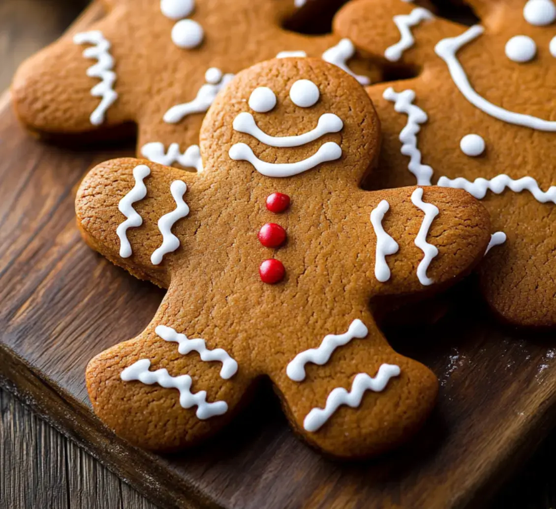 Gingerbread men up close, showing off white icing and bold red candy buttons on each cookie.