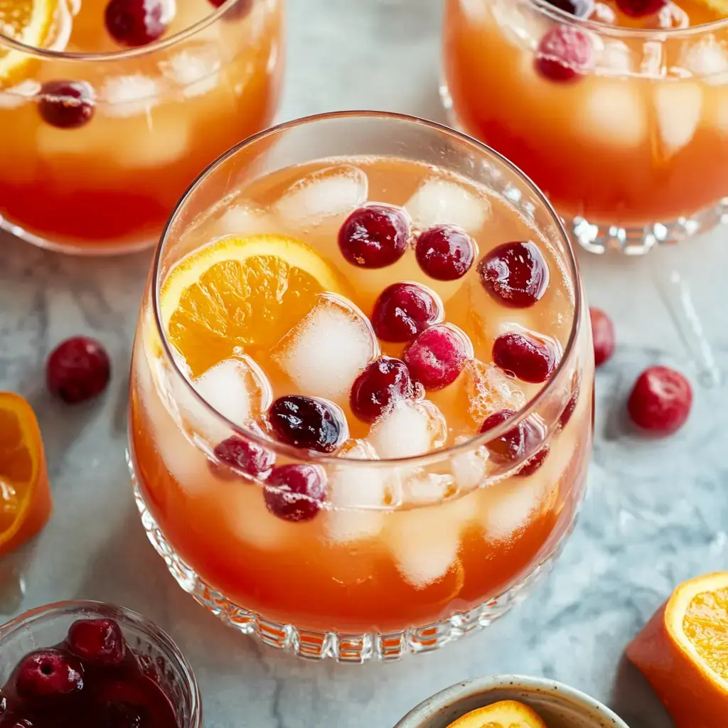 A cold drink on ice, topped with orange and cranberry, sits among fruit and other drinks on a marble counter.