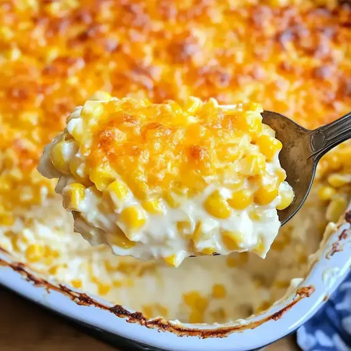Scooping out a portion of cheesy corn casserole, golden and gooey, from a baking dish.