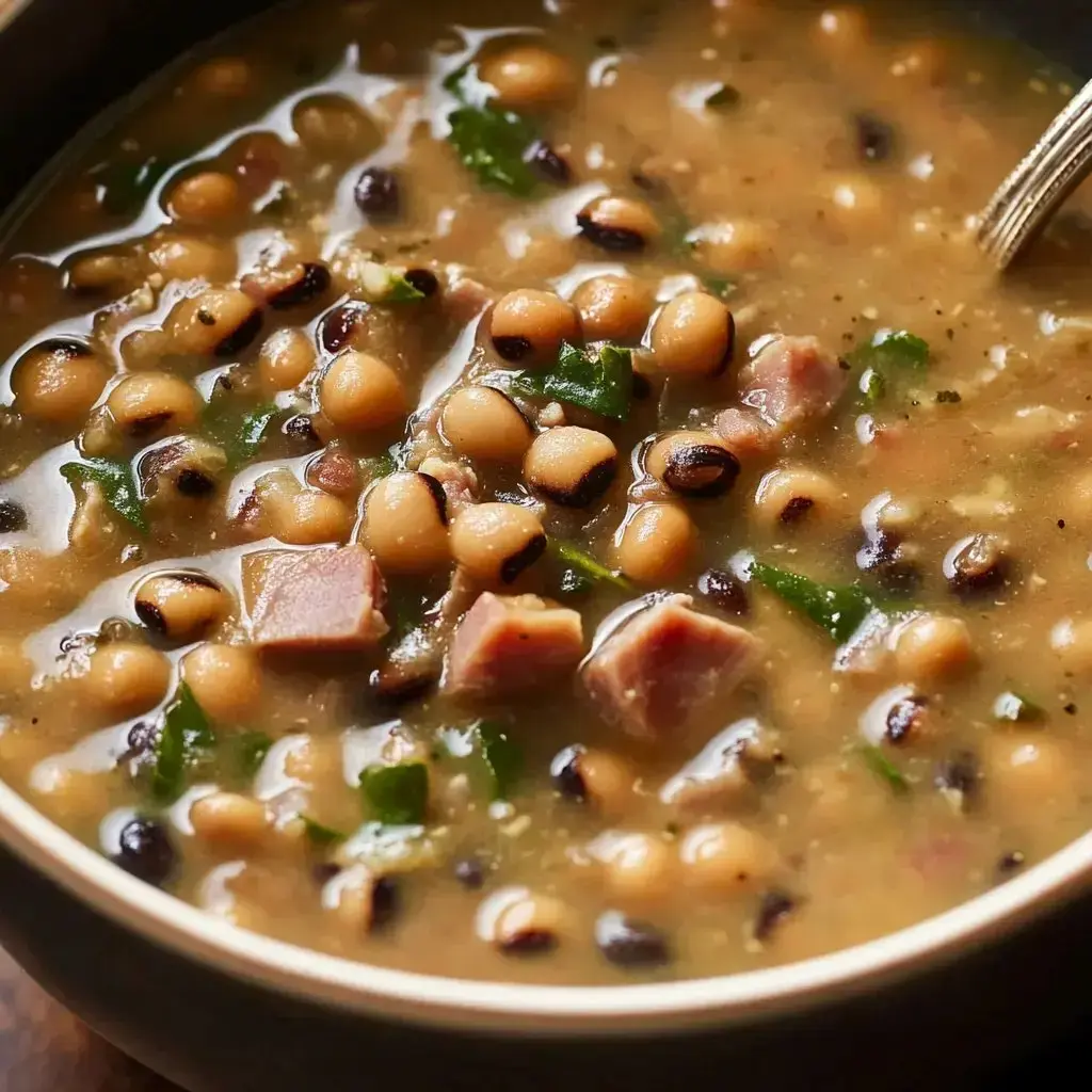 Bowl filled with black-eyed peas, chunks of meat, and green toppings, shot up close.