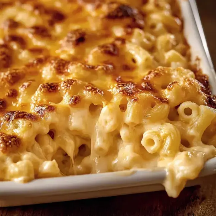 Bubbling, golden cheese-topped mac and cheese close up in a pan.