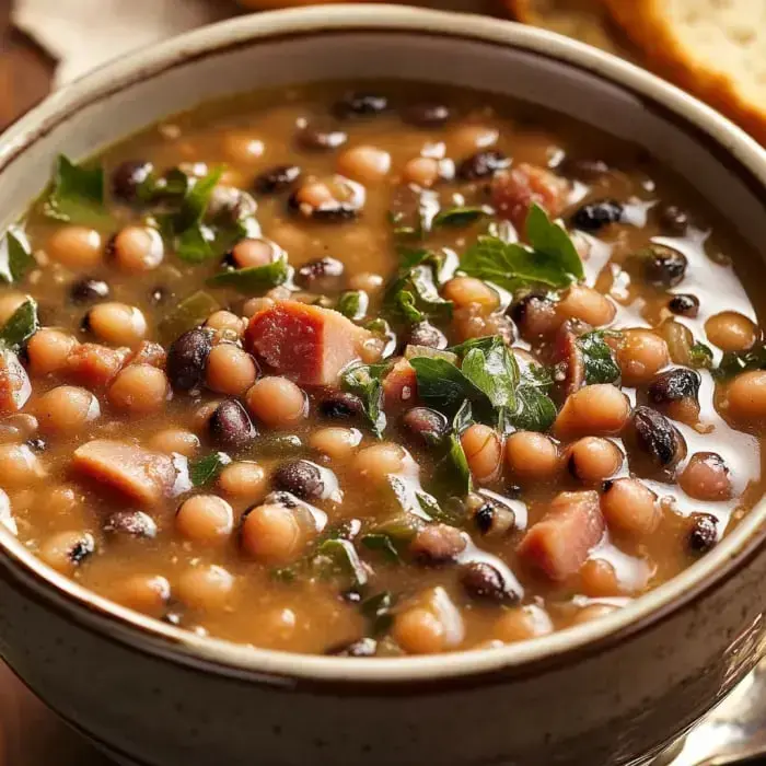 Hearty soup filled with black-eyed peas, smoky ham, and topped with a sprinkle of herbs.