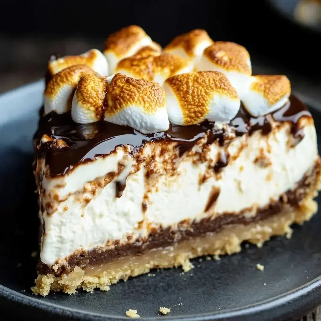 A dreamy slice with a crumb crust, chocolate, creamy filling, topped with golden marshmallows and a swirl of chocolate sauce.