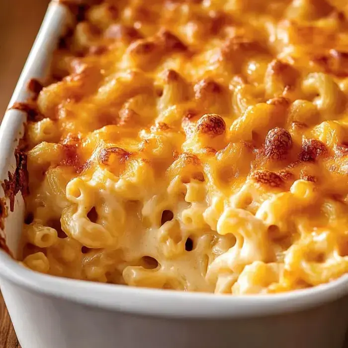 Crusty, golden-brown mac and cheese up close in a baking dish.