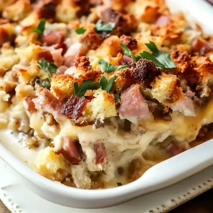 Creamy baked goodness topped with crunchy bread bits, pieces of ham, and a sprinkle of fresh greens.