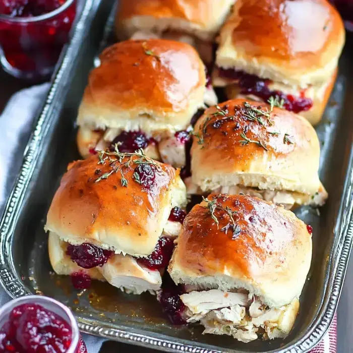 A platter stacked with turkey and cranberry sliders and a fresh thyme sprig for garnish.
