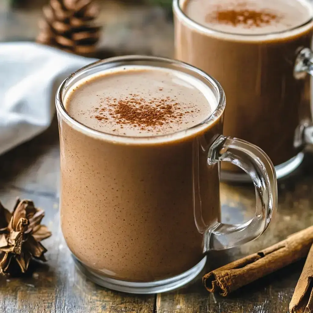 Two mugs full of thick Mexican hot chocolate sit on wood, one with a cinnamon stick, plus some pinecones around—it's a super cozy setup.