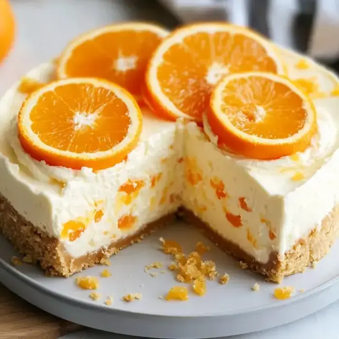 Slices of a creamy orange dessert topped with mandarin pieces on a crumbly base.