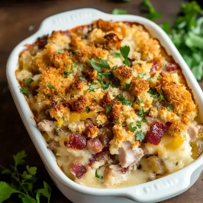 Bubbly dish with golden crunchy topping and fresh herbs, loaded with chicken chunks and a creamy mix underneath.