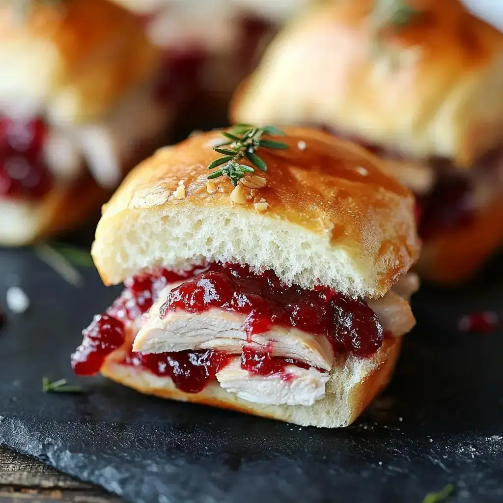 Zoomed-in sandwich stuffed with chicken slices and cranberry sauce, topped with rosemary on black slate.