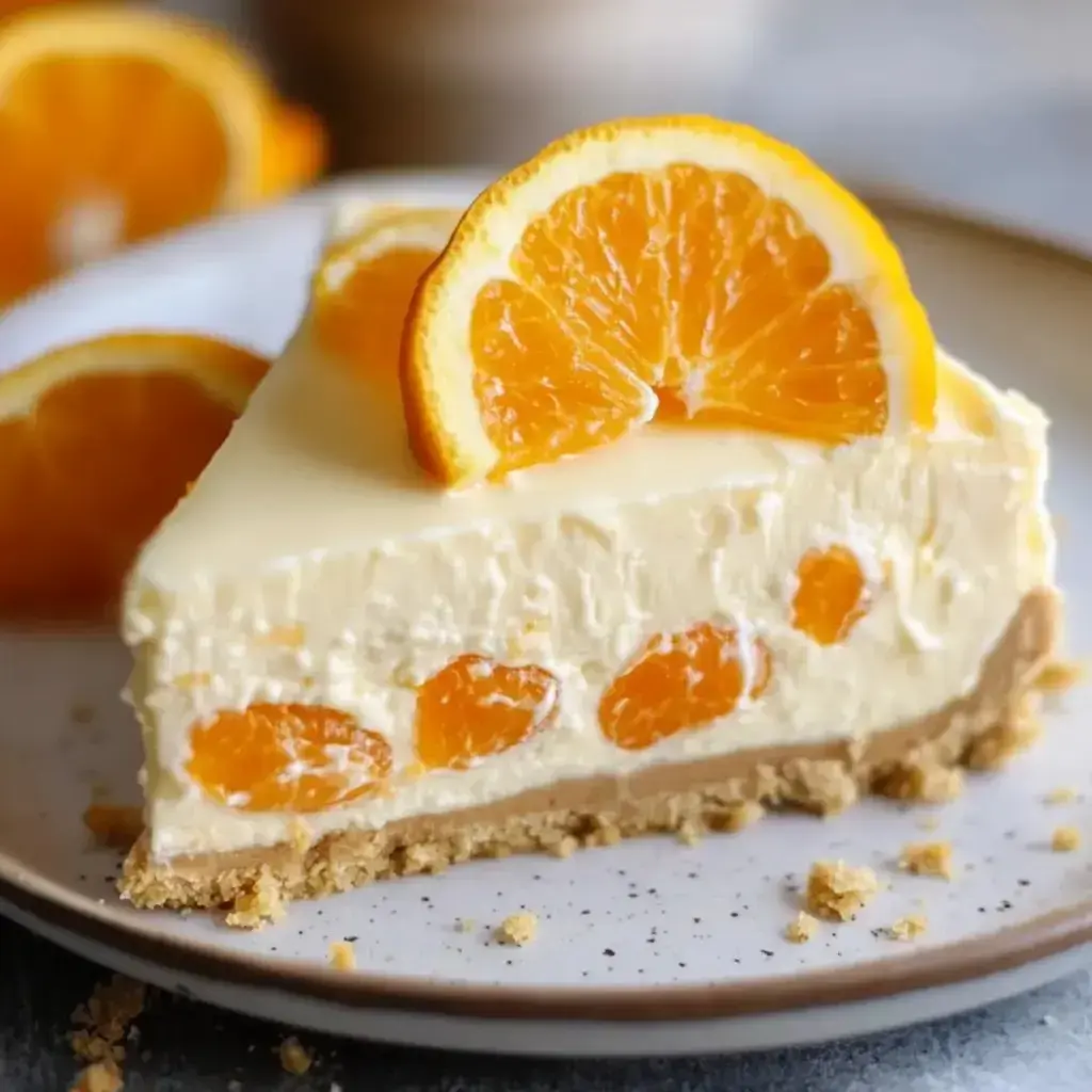 A creamy orange no bake treat with juicy orange bits and whipped cream on a plate, looking super fresh and inviting.