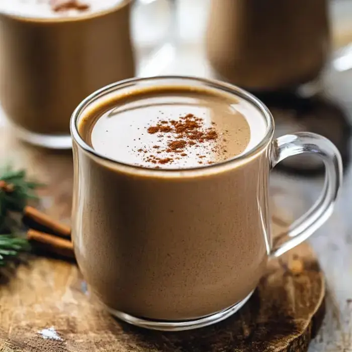 A glass cup holds a thick, cinnamon-topped chocolate drink on a wooden table beside a couple cinnamon sticks and some leafy greens.