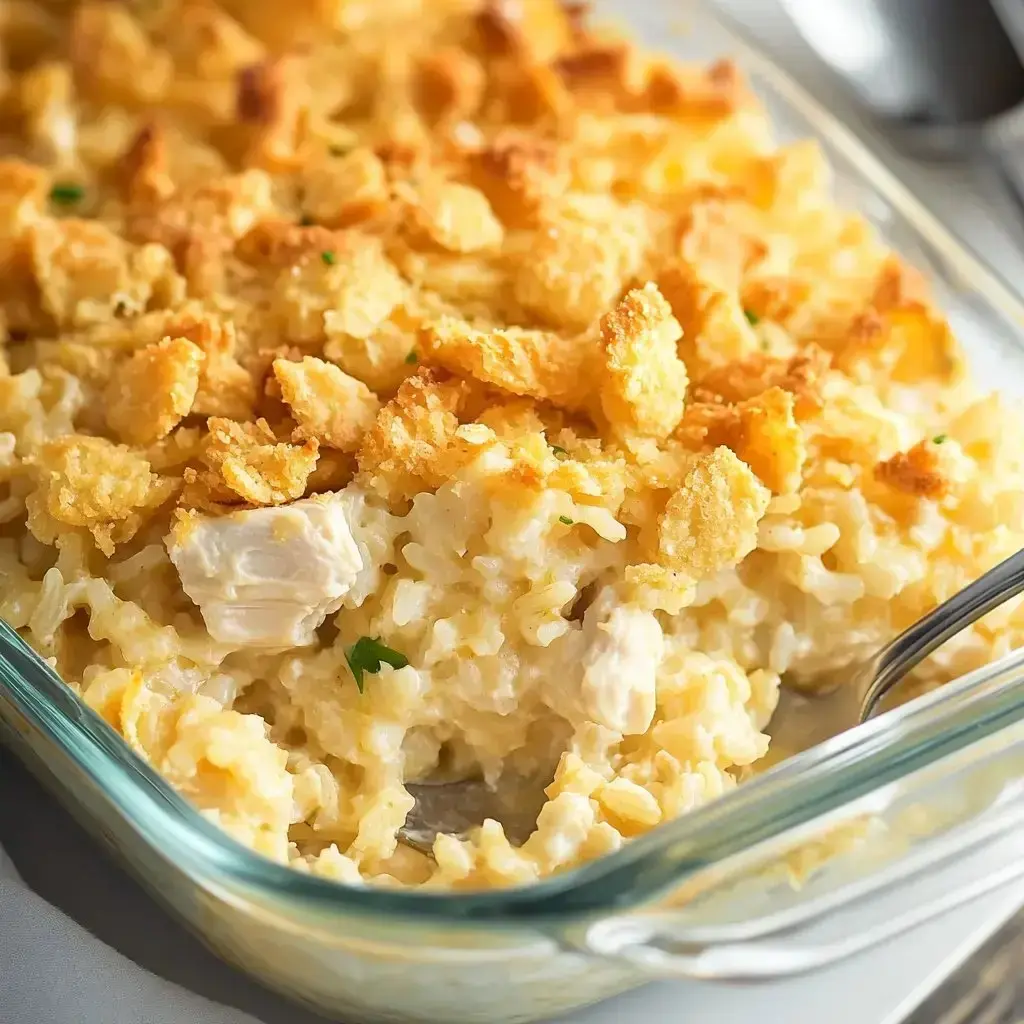 Glass dish packed with creamy chicken and rice, topped off with crunchy golden crackers.