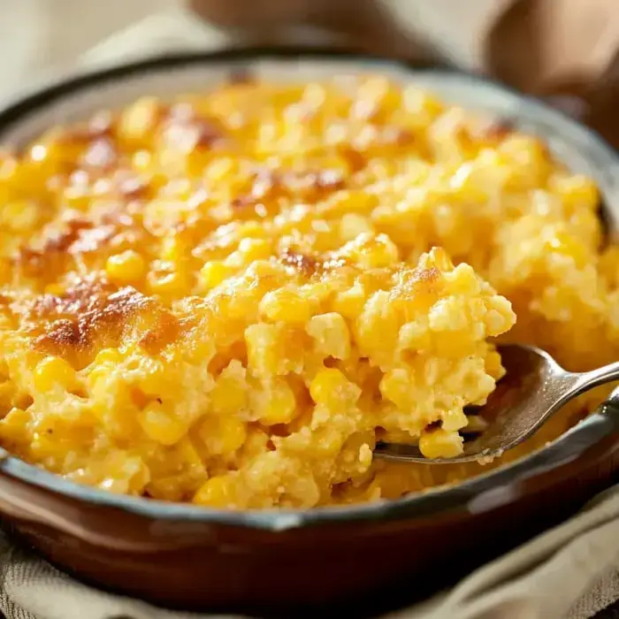 A creamy corn dish with a crispy golden top, served up in a baking pan and ready to dig in.